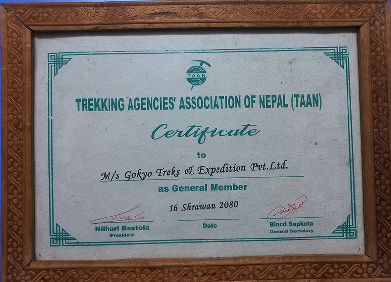 Trekking Agencies Association of Nepal (TAAN) Certificate